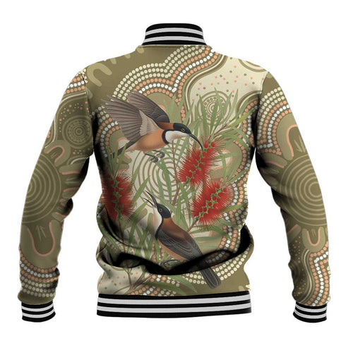 Australia Eastern Spinebill Baseball Jacket Aussie Honeyeater Bottlebrush Indigenous Art - Aussie Hoodie