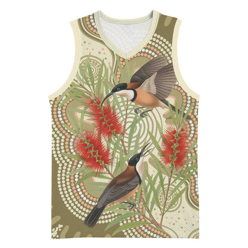 Australia Eastern Spinebill Basketball Jersey Aussie Honeyeater Bottlebrush Indigenous Art - Aussie Hoodie