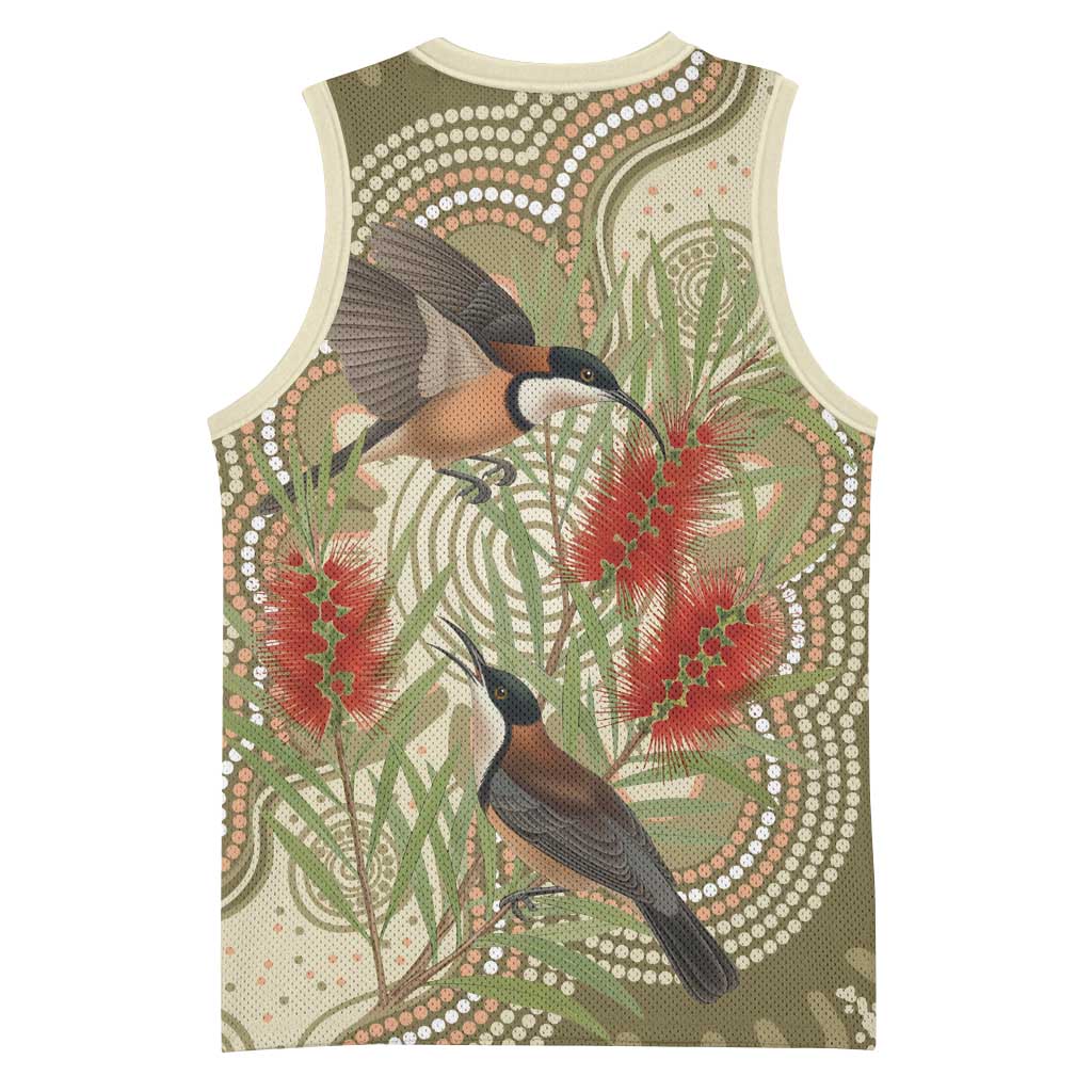 Australia Eastern Spinebill Basketball Jersey Aussie Honeyeater Bottlebrush Indigenous Art - Aussie Hoodie