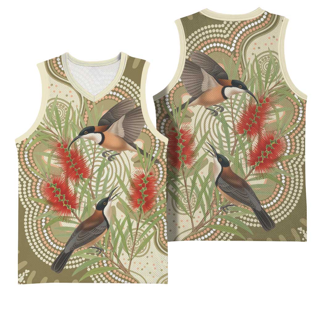 Australia Eastern Spinebill Basketball Jersey Aussie Honeyeater Bottlebrush Indigenous Art - Aussie Hoodie