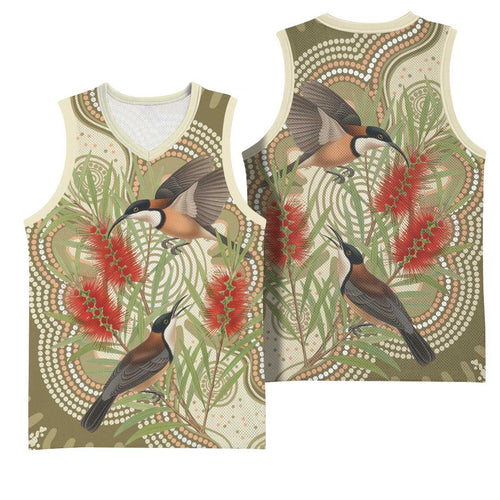 Australia Eastern Spinebill Basketball Jersey Aussie Honeyeater Bottlebrush Indigenous Art - Aussie Hoodie