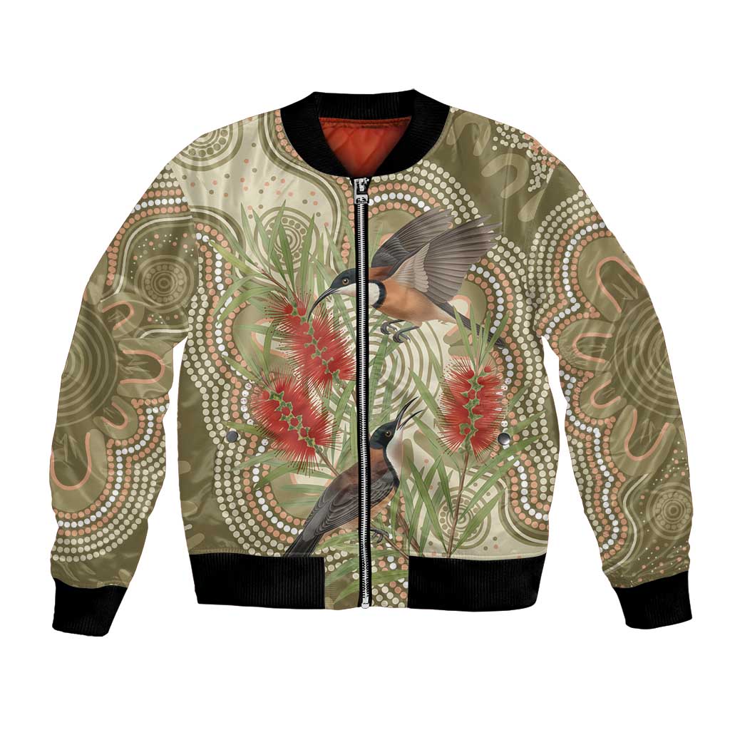 Australia Eastern Spinebill Bomber Jacket Aussie Honeyeater Bottlebrush Indigenous Art - Aussie Hoodie
