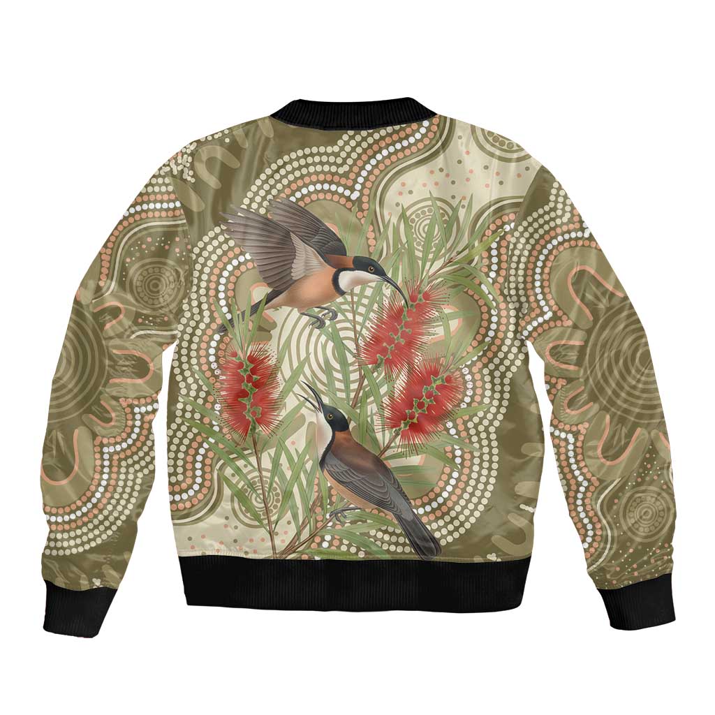 Australia Eastern Spinebill Bomber Jacket Aussie Honeyeater Bottlebrush Indigenous Art - Aussie Hoodie