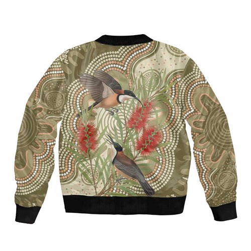 Australia Eastern Spinebill Bomber Jacket Aussie Honeyeater Bottlebrush Indigenous Art - Aussie Hoodie