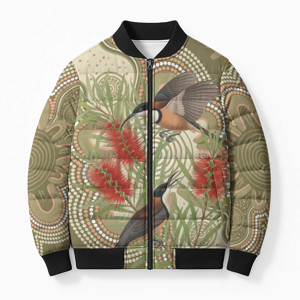 Australia Eastern Spinebill Bomber Puffer Jacket Aussie Honeyeater Bottlebrush Indigenous Art - Aussie Hoodie