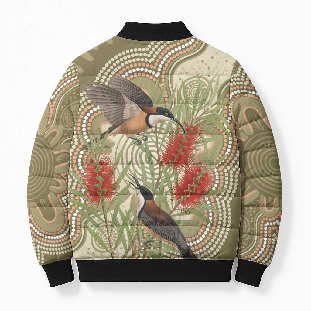 Australia Eastern Spinebill Bomber Puffer Jacket Aussie Honeyeater Bottlebrush Indigenous Art - Aussie Hoodie