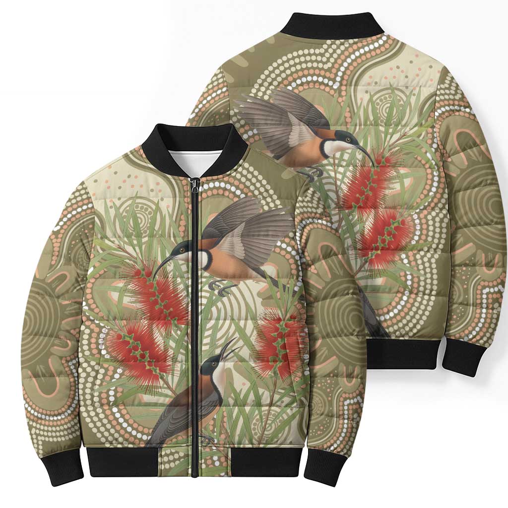 Australia Eastern Spinebill Bomber Puffer Jacket Aussie Honeyeater Bottlebrush Indigenous Art - Aussie Hoodie