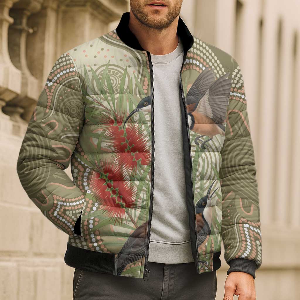 Australia Eastern Spinebill Bomber Puffer Jacket Aussie Honeyeater Bottlebrush Indigenous Art - Aussie Hoodie