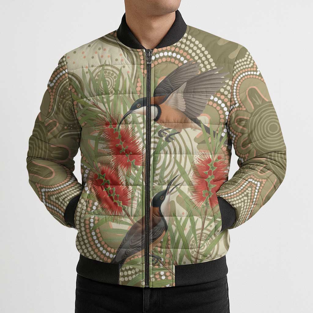 Australia Eastern Spinebill Bomber Puffer Jacket Aussie Honeyeater Bottlebrush Indigenous Art - Aussie Hoodie