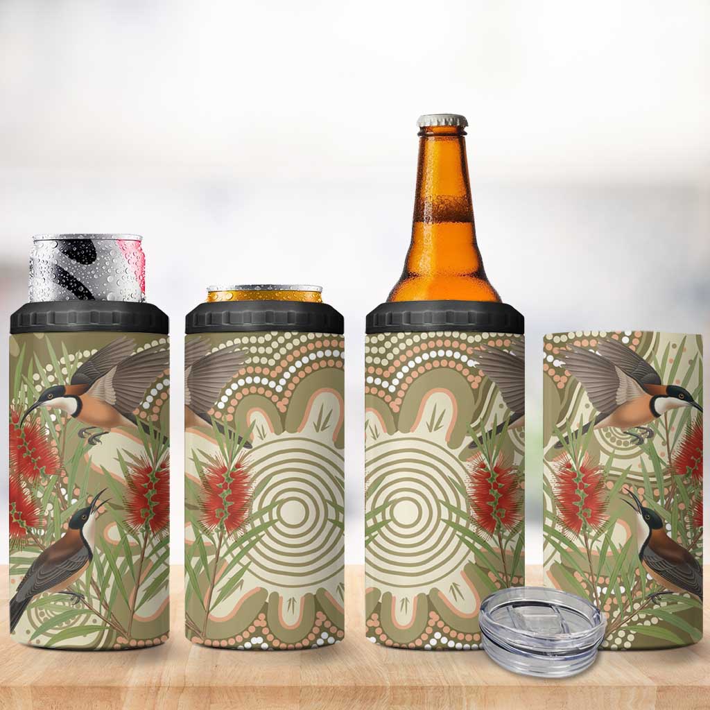 Australia Eastern Spinebill 4 in 1 Can Cooler Tumbler Aussie Honeyeater Bottlebrush Indigenous Art - Aussie Hoodie
