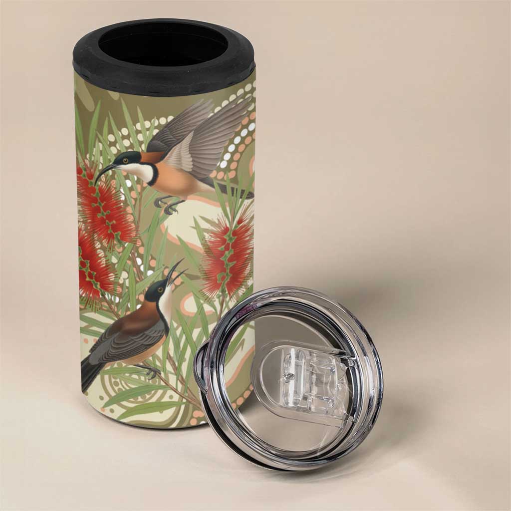 Australia Eastern Spinebill 4 in 1 Can Cooler Tumbler Aussie Honeyeater Bottlebrush Indigenous Art - Aussie Hoodie
