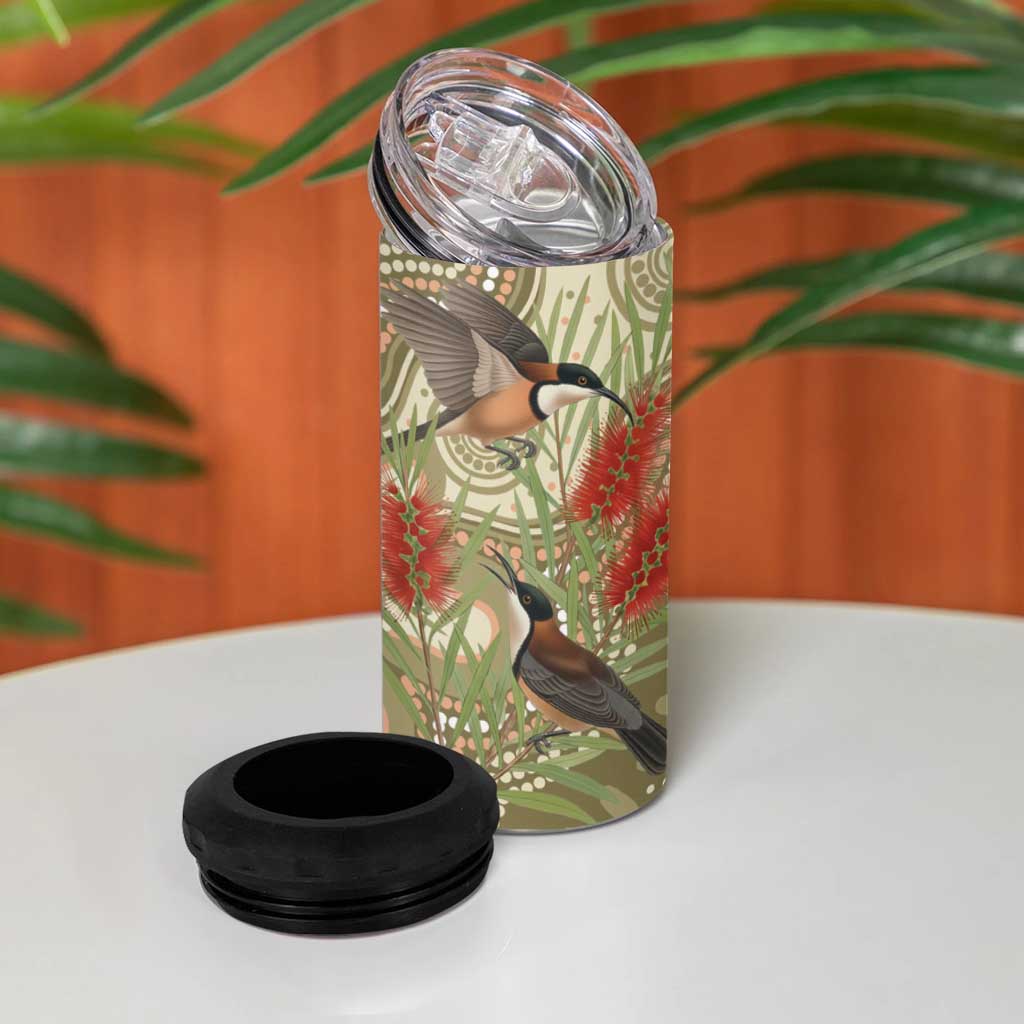 Australia Eastern Spinebill 4 in 1 Can Cooler Tumbler Aussie Honeyeater Bottlebrush Indigenous Art - Aussie Hoodie