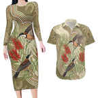Australia Eastern Spinebill Couples Matching Long Sleeve Bodycon Dress and Hawaiian Shirt Aussie Honeyeater Bottlebrush Indigenous Art - Aussie Hoodie