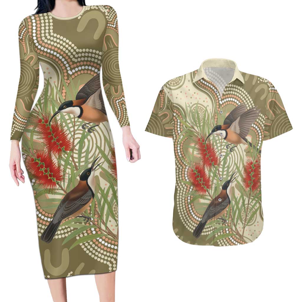 Australia Eastern Spinebill Couples Matching Long Sleeve Bodycon Dress and Hawaiian Shirt Aussie Honeyeater Bottlebrush Indigenous Art - Aussie Hoodie