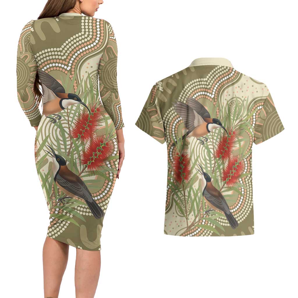 Australia Eastern Spinebill Couples Matching Long Sleeve Bodycon Dress and Hawaiian Shirt Aussie Honeyeater Bottlebrush Indigenous Art - Aussie Hoodie