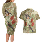 Australia Eastern Spinebill Couples Matching Long Sleeve Bodycon Dress and Hawaiian Shirt Aussie Honeyeater Bottlebrush Indigenous Art - Aussie Hoodie
