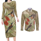 Australia Eastern Spinebill Couples Matching Long Sleeve Bodycon Dress and Long Sleeve Button Shirt Aussie Honeyeater Bottlebrush Indigenous Art - Aussie Hoodie