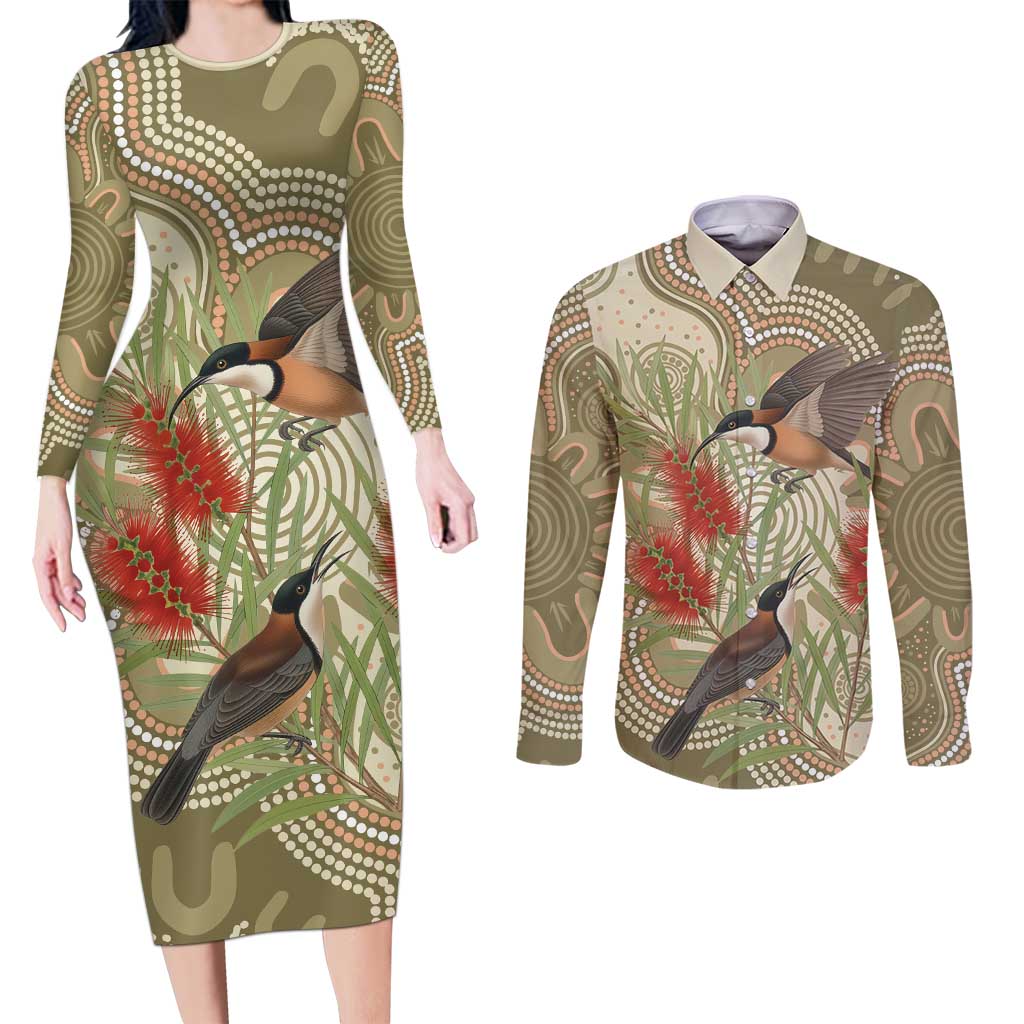Australia Eastern Spinebill Couples Matching Long Sleeve Bodycon Dress and Long Sleeve Button Shirt Aussie Honeyeater Bottlebrush Indigenous Art - Aussie Hoodie