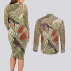 Australia Eastern Spinebill Couples Matching Long Sleeve Bodycon Dress and Long Sleeve Button Shirt Aussie Honeyeater Bottlebrush Indigenous Art - Aussie Hoodie