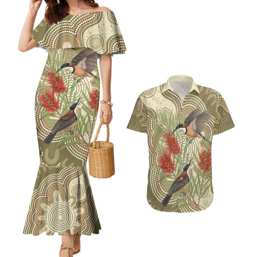 Australia Eastern Spinebill Couples Matching Mermaid Dress and Hawaiian Shirt Aussie Honeyeater Bottlebrush Indigenous Art - Aussie Hoodie