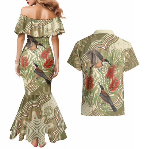 Australia Eastern Spinebill Couples Matching Mermaid Dress and Hawaiian Shirt Aussie Honeyeater Bottlebrush Indigenous Art - Aussie Hoodie