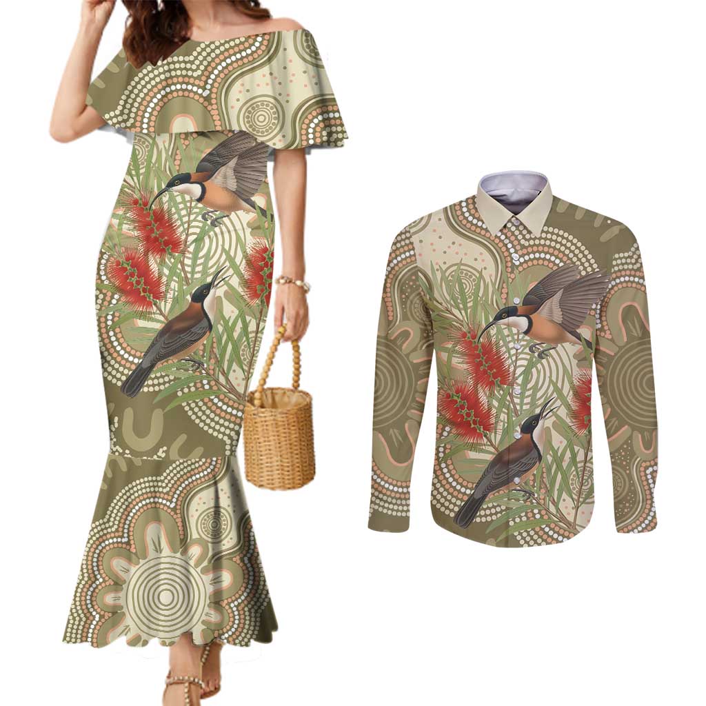 Australia Eastern Spinebill Couples Matching Mermaid Dress and Long Sleeve Button Shirt Aussie Honeyeater Bottlebrush Indigenous Art - Aussie Hoodie