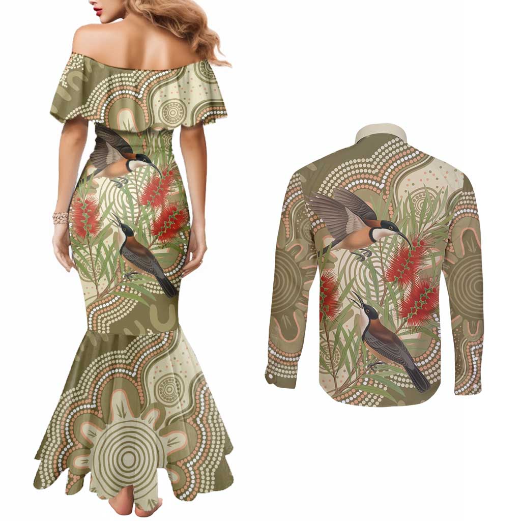 Australia Eastern Spinebill Couples Matching Mermaid Dress and Long Sleeve Button Shirt Aussie Honeyeater Bottlebrush Indigenous Art - Aussie Hoodie