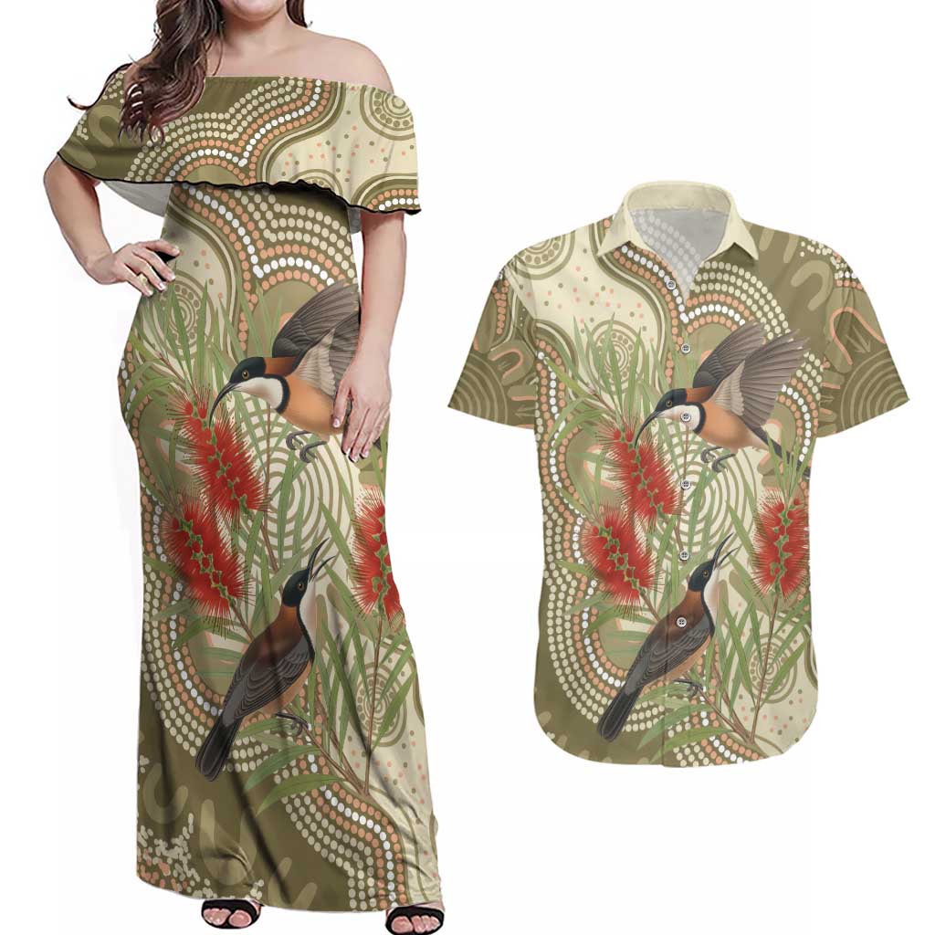 Australia Eastern Spinebill Couples Matching Off Shoulder Maxi Dress and Hawaiian Shirt Aussie Honeyeater Bottlebrush Indigenous Art - Aussie Hoodie