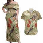 Australia Eastern Spinebill Couples Matching Off Shoulder Maxi Dress and Hawaiian Shirt Aussie Honeyeater Bottlebrush Indigenous Art - Aussie Hoodie
