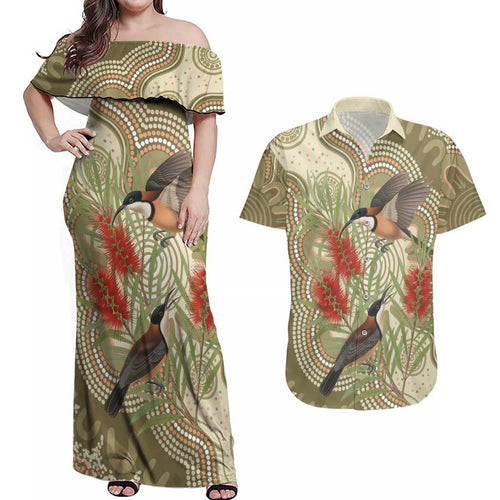 Australia Eastern Spinebill Couples Matching Off Shoulder Maxi Dress and Hawaiian Shirt Aussie Honeyeater Bottlebrush Indigenous Art - Aussie Hoodie