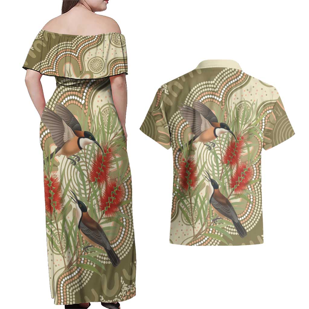 Australia Eastern Spinebill Couples Matching Off Shoulder Maxi Dress and Hawaiian Shirt Aussie Honeyeater Bottlebrush Indigenous Art - Aussie Hoodie