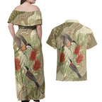 Australia Eastern Spinebill Couples Matching Off Shoulder Maxi Dress and Hawaiian Shirt Aussie Honeyeater Bottlebrush Indigenous Art - Aussie Hoodie