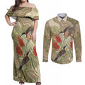 Australia Eastern Spinebill Couples Matching Off Shoulder Maxi Dress and Long Sleeve Button Shirt Aussie Honeyeater Bottlebrush Indigenous Art - Aussie Hoodie