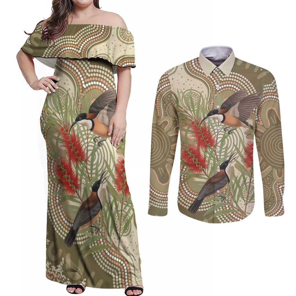 Australia Eastern Spinebill Couples Matching Off Shoulder Maxi Dress and Long Sleeve Button Shirt Aussie Honeyeater Bottlebrush Indigenous Art - Aussie Hoodie
