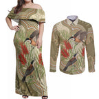 Australia Eastern Spinebill Couples Matching Off Shoulder Maxi Dress and Long Sleeve Button Shirt Aussie Honeyeater Bottlebrush Indigenous Art - Aussie Hoodie