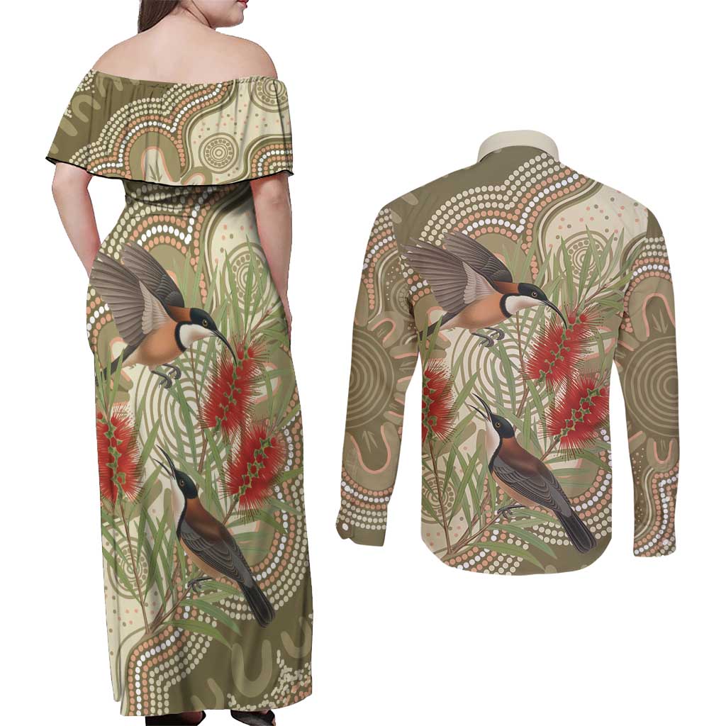 Australia Eastern Spinebill Couples Matching Off Shoulder Maxi Dress and Long Sleeve Button Shirt Aussie Honeyeater Bottlebrush Indigenous Art - Aussie Hoodie
