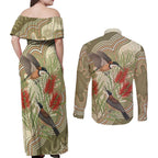 Australia Eastern Spinebill Couples Matching Off Shoulder Maxi Dress and Long Sleeve Button Shirt Aussie Honeyeater Bottlebrush Indigenous Art - Aussie Hoodie