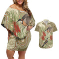 Australia Eastern Spinebill Couples Matching Off Shoulder Short Dress and Hawaiian Shirt Aussie Honeyeater Bottlebrush Indigenous Art - Aussie Hoodie