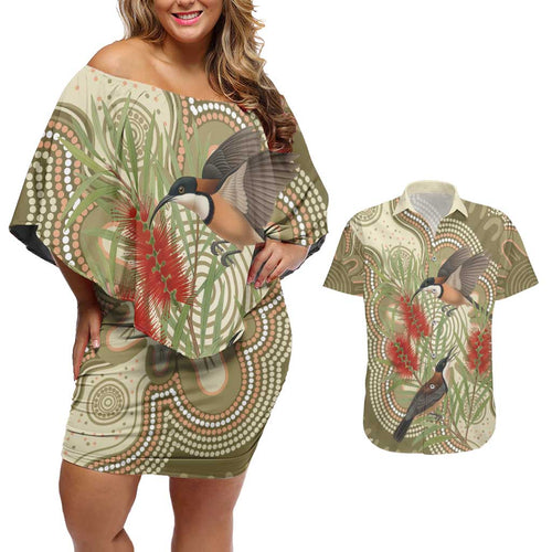 Australia Eastern Spinebill Couples Matching Off Shoulder Short Dress and Hawaiian Shirt Aussie Honeyeater Bottlebrush Indigenous Art - Aussie Hoodie