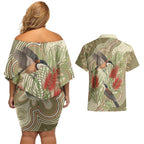 Australia Eastern Spinebill Couples Matching Off Shoulder Short Dress and Hawaiian Shirt Aussie Honeyeater Bottlebrush Indigenous Art - Aussie Hoodie