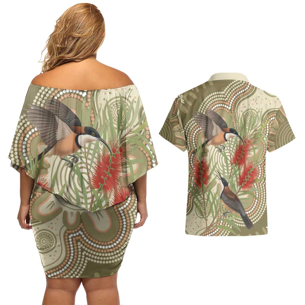 Australia Eastern Spinebill Couples Matching Off Shoulder Short Dress and Hawaiian Shirt Aussie Honeyeater Bottlebrush Indigenous Art - Aussie Hoodie