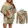 Australia Eastern Spinebill Couples Matching Off Shoulder Short Dress and Long Sleeve Button Shirt Aussie Honeyeater Bottlebrush Indigenous Art - Aussie Hoodie