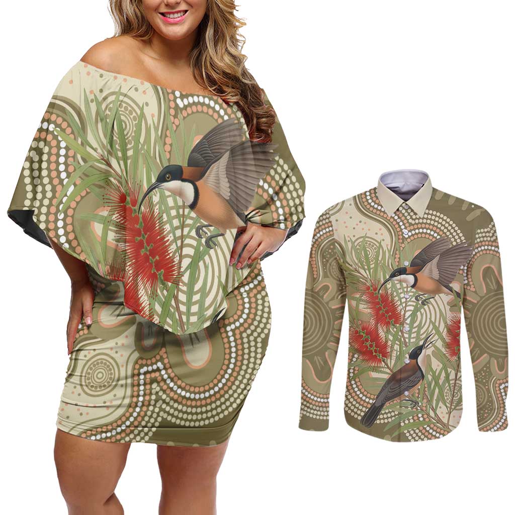 Australia Eastern Spinebill Couples Matching Off Shoulder Short Dress and Long Sleeve Button Shirt Aussie Honeyeater Bottlebrush Indigenous Art - Aussie Hoodie