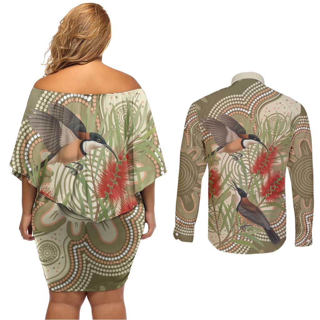 Australia Eastern Spinebill Couples Matching Off Shoulder Short Dress and Long Sleeve Button Shirt Aussie Honeyeater Bottlebrush Indigenous Art - Aussie Hoodie