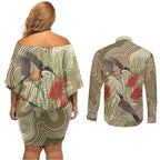 Australia Eastern Spinebill Couples Matching Off Shoulder Short Dress and Long Sleeve Button Shirt Aussie Honeyeater Bottlebrush Indigenous Art - Aussie Hoodie
