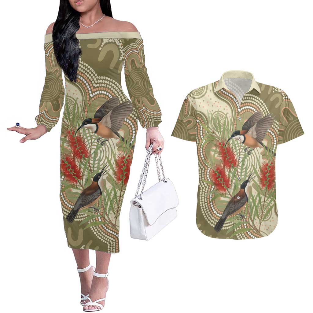Australia Eastern Spinebill Couples Matching Off The Shoulder Long Sleeve Dress and Hawaiian Shirt Aussie Honeyeater Bottlebrush Indigenous Art - Aussie Hoodie
