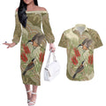 Australia Eastern Spinebill Couples Matching Off The Shoulder Long Sleeve Dress and Hawaiian Shirt Aussie Honeyeater Bottlebrush Indigenous Art - Aussie Hoodie