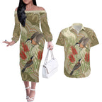 Australia Eastern Spinebill Couples Matching Off The Shoulder Long Sleeve Dress and Hawaiian Shirt Aussie Honeyeater Bottlebrush Indigenous Art - Aussie Hoodie