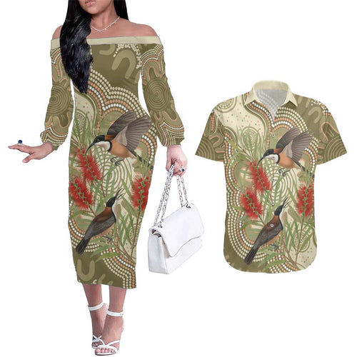 Australia Eastern Spinebill Couples Matching Off The Shoulder Long Sleeve Dress and Hawaiian Shirt Aussie Honeyeater Bottlebrush Indigenous Art - Aussie Hoodie