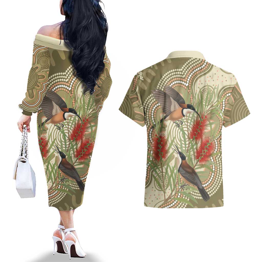 Australia Eastern Spinebill Couples Matching Off The Shoulder Long Sleeve Dress and Hawaiian Shirt Aussie Honeyeater Bottlebrush Indigenous Art - Aussie Hoodie